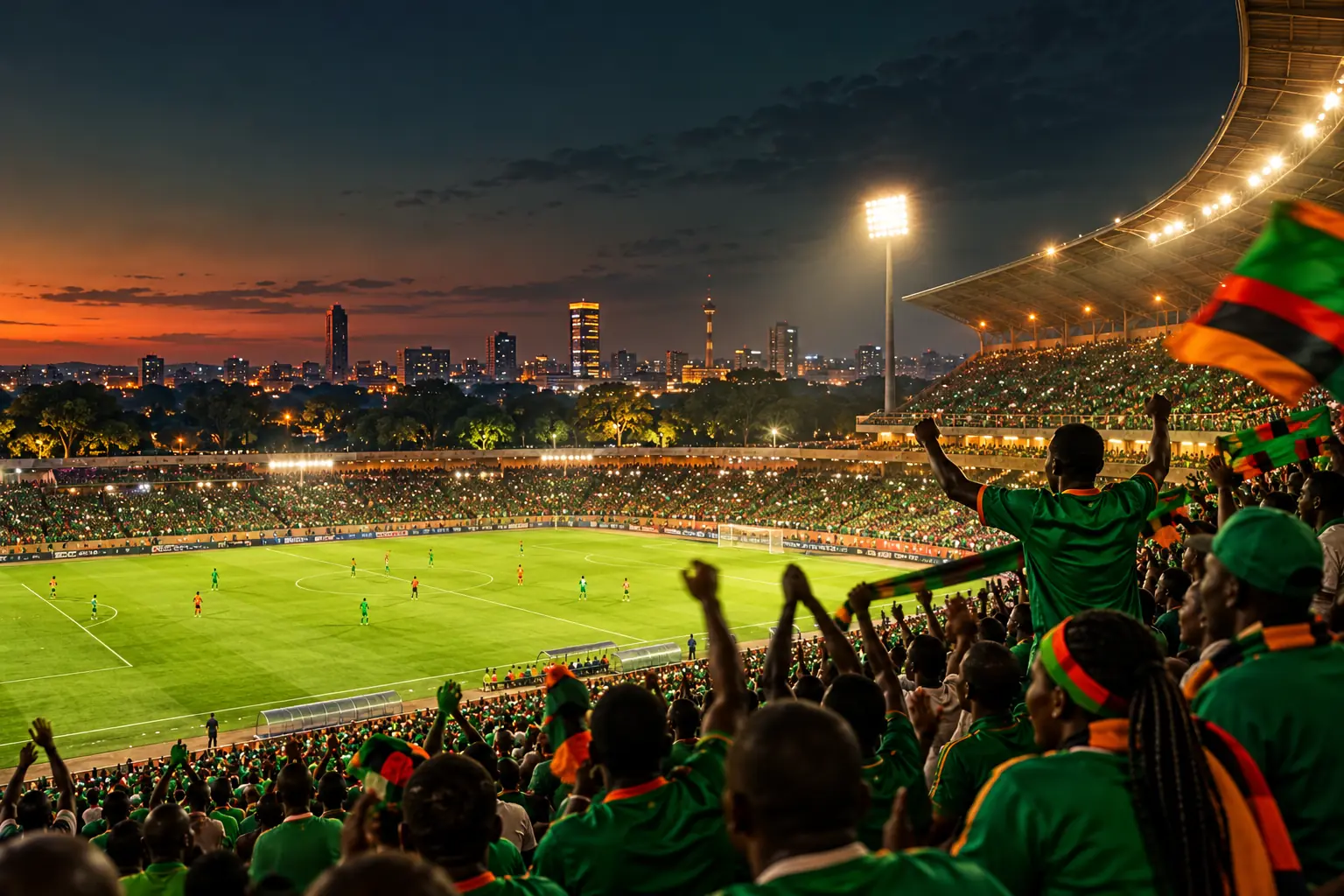 Original editorial illustration of a football stadium in Lusaka in Zambian flag colours
